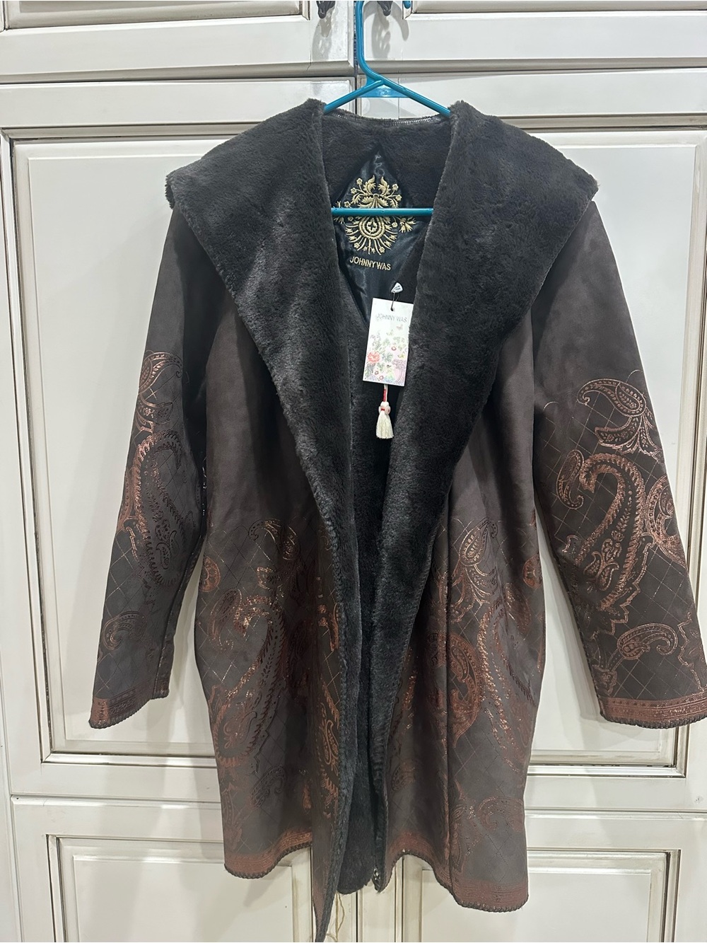 Johnny Was Dark Brown Faux-Shearling Trench Coat with Embroidered Detail